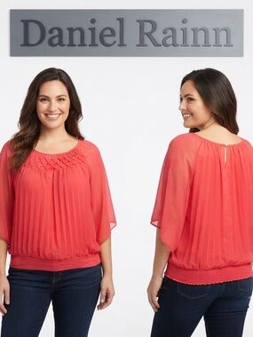 Daniel Rainn Pleated Sheer Batwing Reddish Pink Blouse Medium